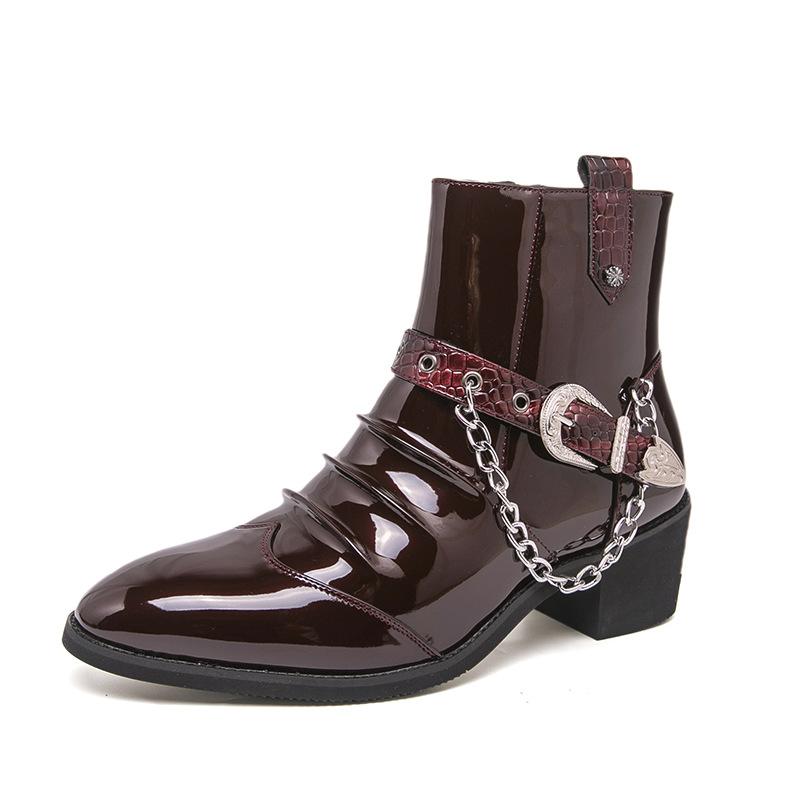 

Челси ботинки мужские осенне-зимние высокие из блестящей кожи с острым носком в британском стиле мужские ботинки на молнии модные увеличивающие рост кожаные туфли 46 красный