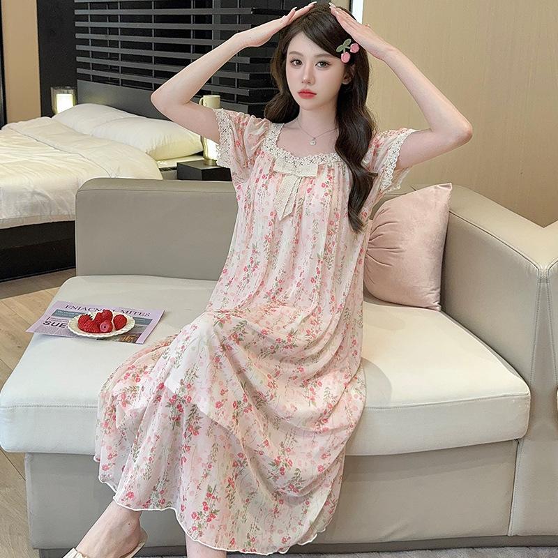Linglei Summer Printed Lace Bow Mesh Court Princess Style Long Nightdress Pajamas Loungewear Women