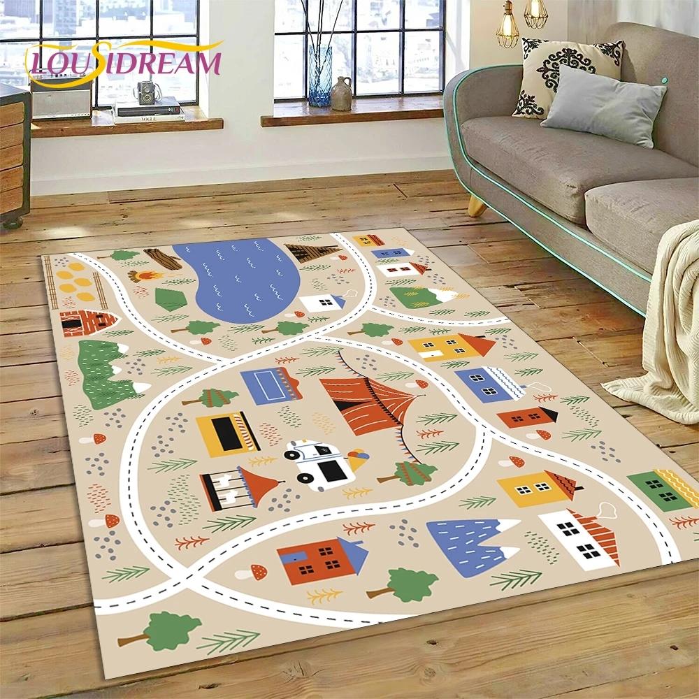 3D Highway Runway Playroom City Traffic Road Map Child PlayMat Rug Carpet for Living Room Bedroom Home Decor,Non-slip for Sofa