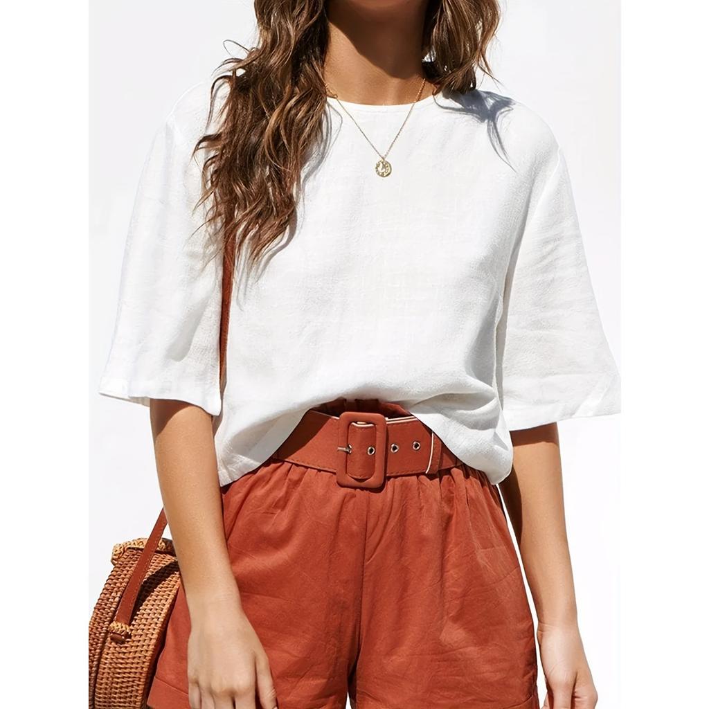 Top Camicia Bianca Bottoni Girocollo Larga Stile Etnico Retro Estivo per Donna Blusa Casual Crossbody Europeo Americano
