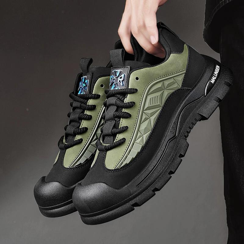 Fashion Men's Retro Style Trendy Sports Outdoor Thick Soled Mountaineering Anti Slip Spring Fashion Lace Up Workwear Shoes Large Size