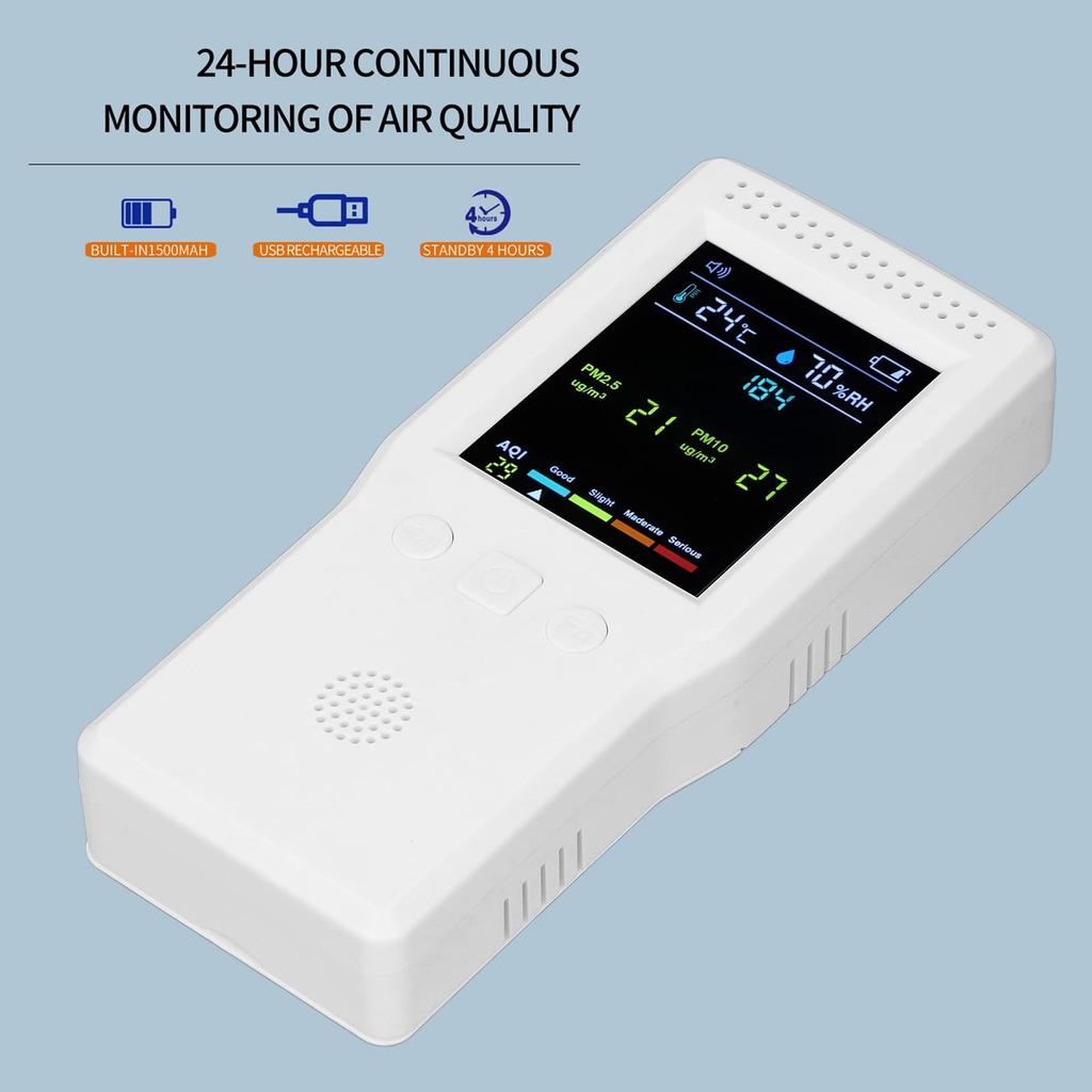 Air Quality Indoor PM10 HCHO TVOC CO2 CO Temperature and Humidity Detector with Backlit LCD Air Quality Tester for Home and Office Monitor, PM2.5