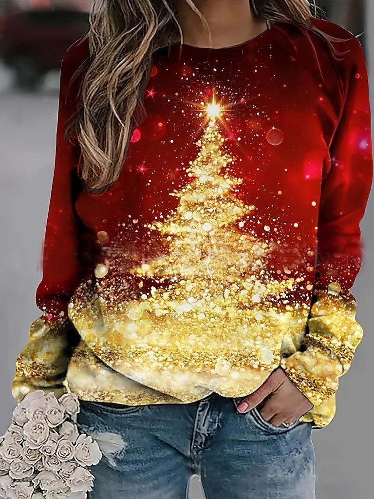 Santa and Reindeer Print Long Sleeve T-shirt for Women - Casual Polyester Knitted Fabric, Round Neck