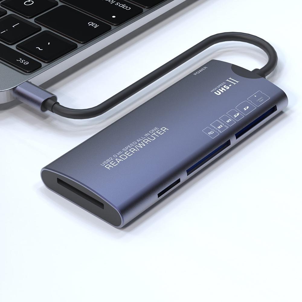 USB Type C All In One Card Reader Micro SD TF XD CF M2 MS Card Viewing Adapter Aluminum Alloy Memory 6 In 1 Card Writing Dongle