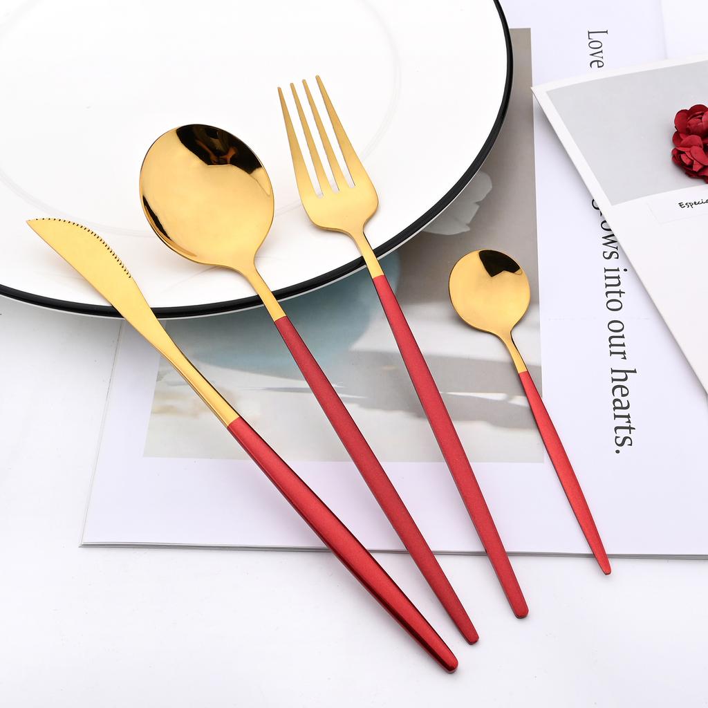 JANKNG 24pcs Tableware For 6 Red Gold Mirror Dinnerware Set Stainless Steel Cutlery Set Include Knife Fork Spoon Teaspoon