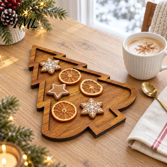 Decorative Nut And Fruit Tray Christmas Tree Elk Serving Tray, Durable Wood Partitioned Design Food Server Platter, Dinnerware for Charcuterie Snacks