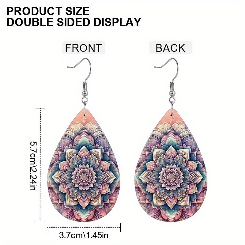 Boho Style Mandala Floral PU Drop Dangle Earrings for Women, Vibrant Spring Meditation Theme Double Sided Hoop Earring, Holiday Party Accessories