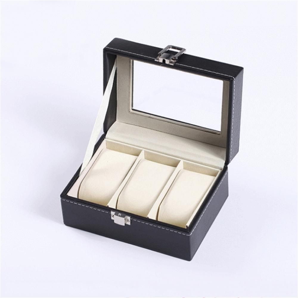 3 Grids PU Leather Watch Box Transparent Glass Window Watch Storage Display Case