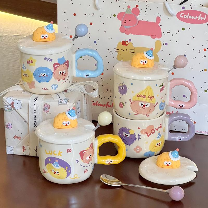 Cute Cartoon Coal Ball Ceramic Mug with Lid Couple Water Cup Girl Birthday Gift Girlfriend Souvenir Gift Box