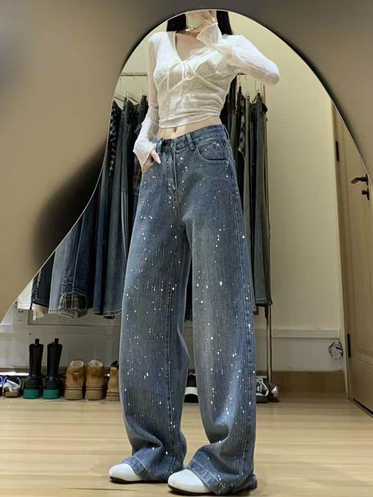 Women's High-Waist Starry Denim Pants - Slim, Loose, Versatile Design for Spring & Autumn