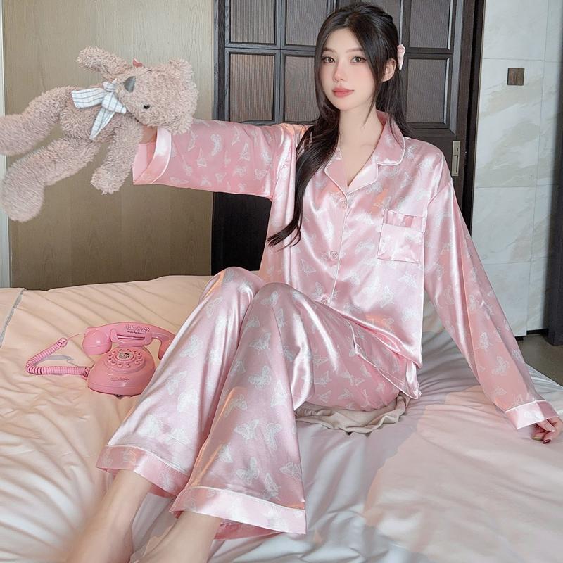 2025 Spring Autumn Women Pajamas Lounge Set Pink Butterfly Print Tops and Pants Satin Sleepwear Loose 2 Piece Loungewear Outfits