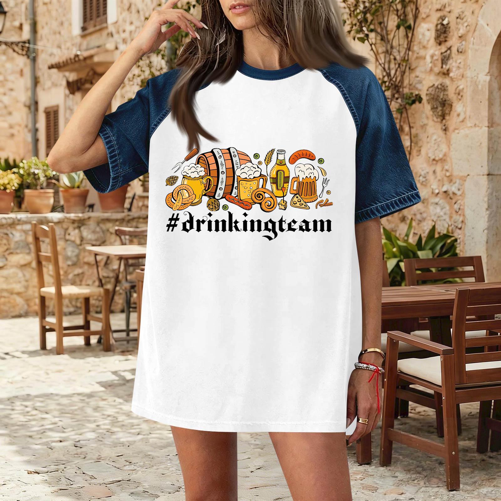 

Casual Women Denim Patchwork Oktoberfest Graphic Print Short Sleeve T Shirt Comfortable Loose Fit Summer Top XXL білий
