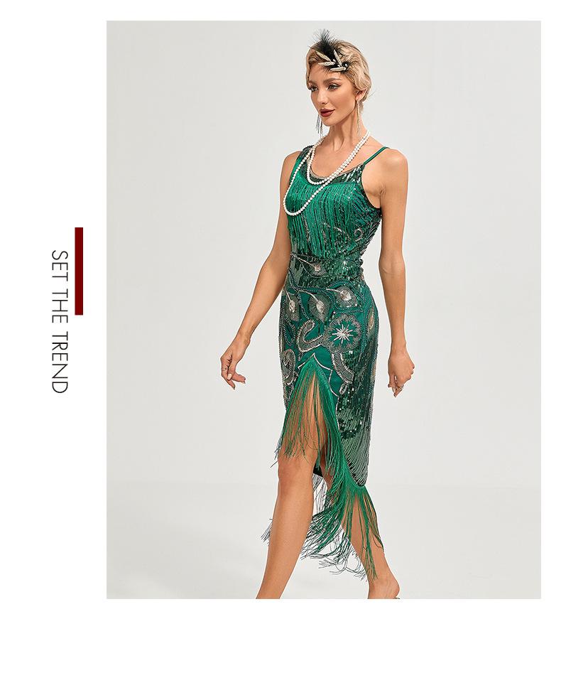 Sukienka cekinowa lata 20. Retro sukienka z frędzlami taneczna o średniej długości sukienka wieczorowa