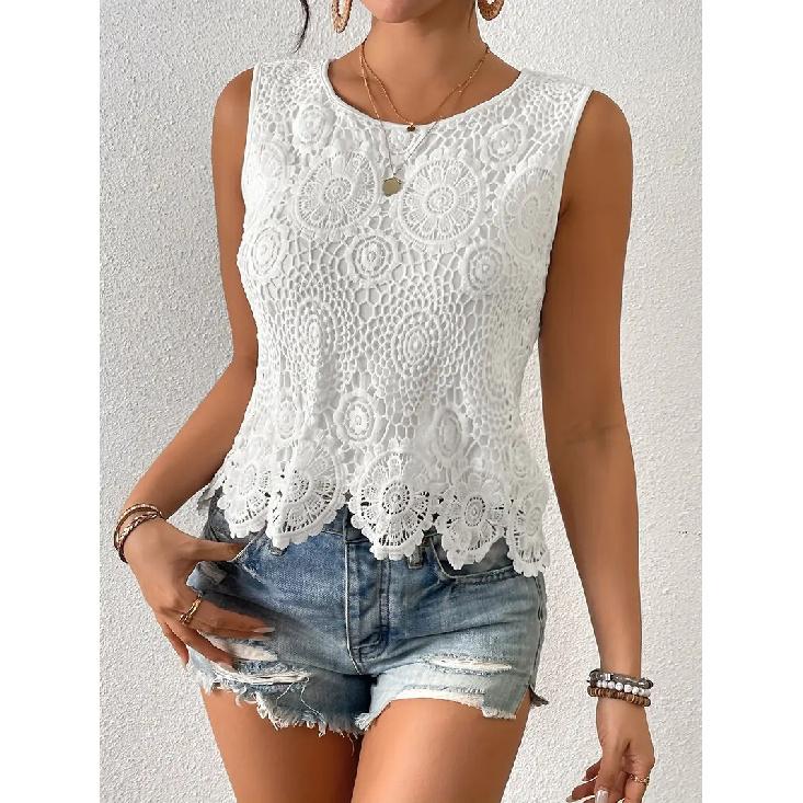 2026 Summer New Fashion Casual Versatile Round Neck Lace Hollow Sleeveless Vest S
