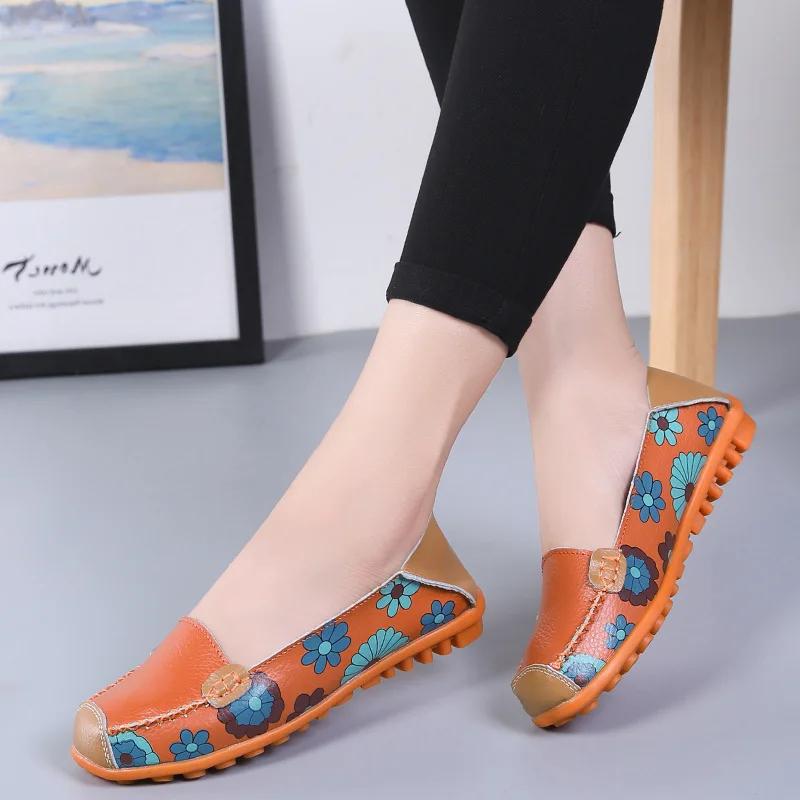 Women Flats Shoes 2025 New Fashion Ballet Summer Flower Print Women Shoes Genuine Leathe Loafers Ladies Flats Shoes Women