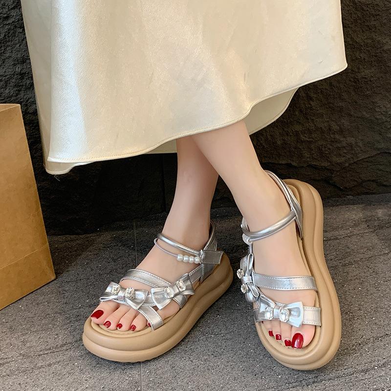 Rhinestone bow platform sandals women's summer wear new high-end one-word sandals