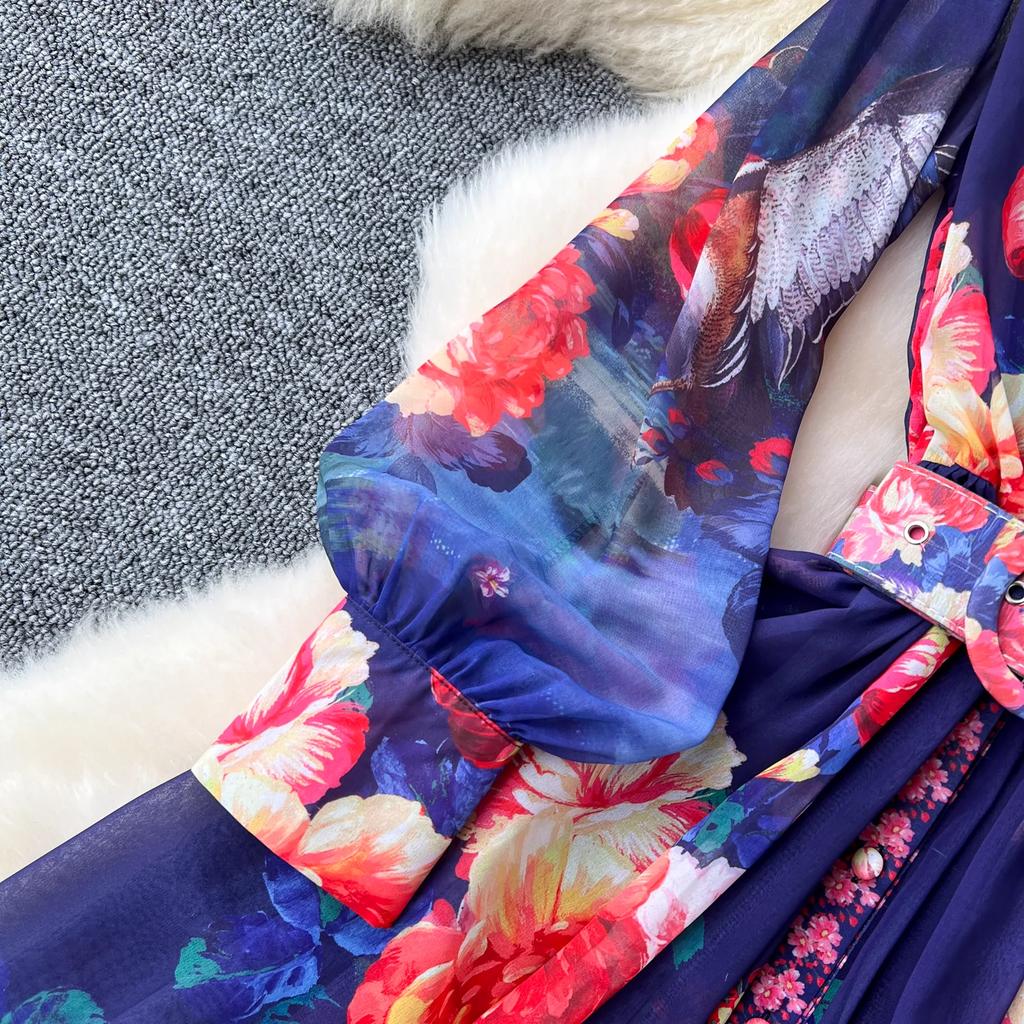 Summer Women Vintage Print Turn-down Collar Chiffon Holiday Beach Long Maxi Shirt Dresses With Belt