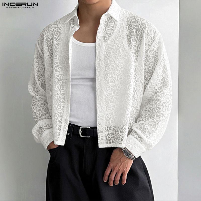 INCERUN Men Lapel Neck Long Sleeve Button Up Lace Casual Oversized Shirts Tops