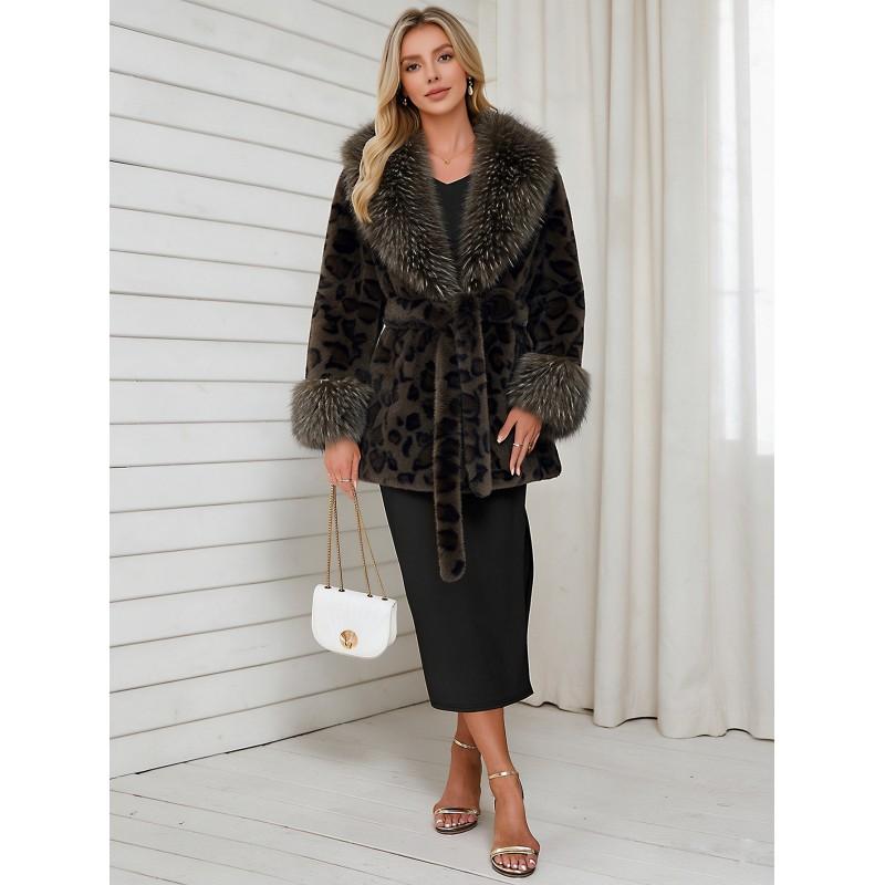Womens Short Faux Fur Coat Leopard Print Belted Warm Leather Plush Outerwear