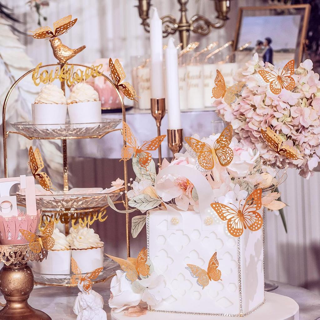 48 Pcs 3D Butterfly Wall Decor 4 Styles 3 Sizes Removable Metallic Stickers For Bedroom Nursery Party Wedding (Rose Gold)