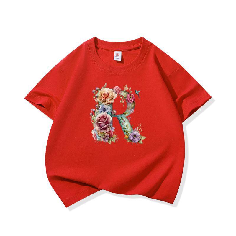 Kids Cotton T Shirt Floral Letter R Print Crew Neck Short Sleeve Tee Casual Boys Girls Summer Tops