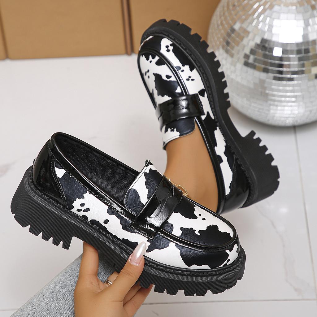 Fashion Cow Print Zebra Print Chunky Platform Flats Women 2025 Autumn Pu Leather Thick Sole Loafers Woman Plus Size Uniform Lolita Shoes