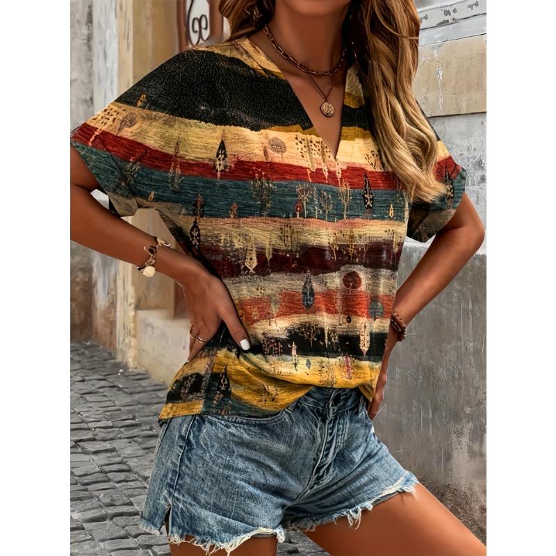 Summer new ethnic style full printed V-neck roll-sleeve fashion casual large size women's short-sleeved T-shirt