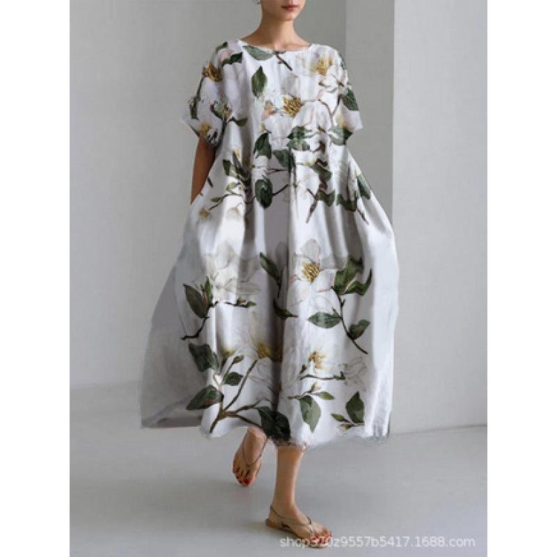 Damen Sommer Übergröße Gestreiftes Print Maxikleid, Lässiges Lockeres Rundhals Kurzarm Oversized A-Linien-Kleid