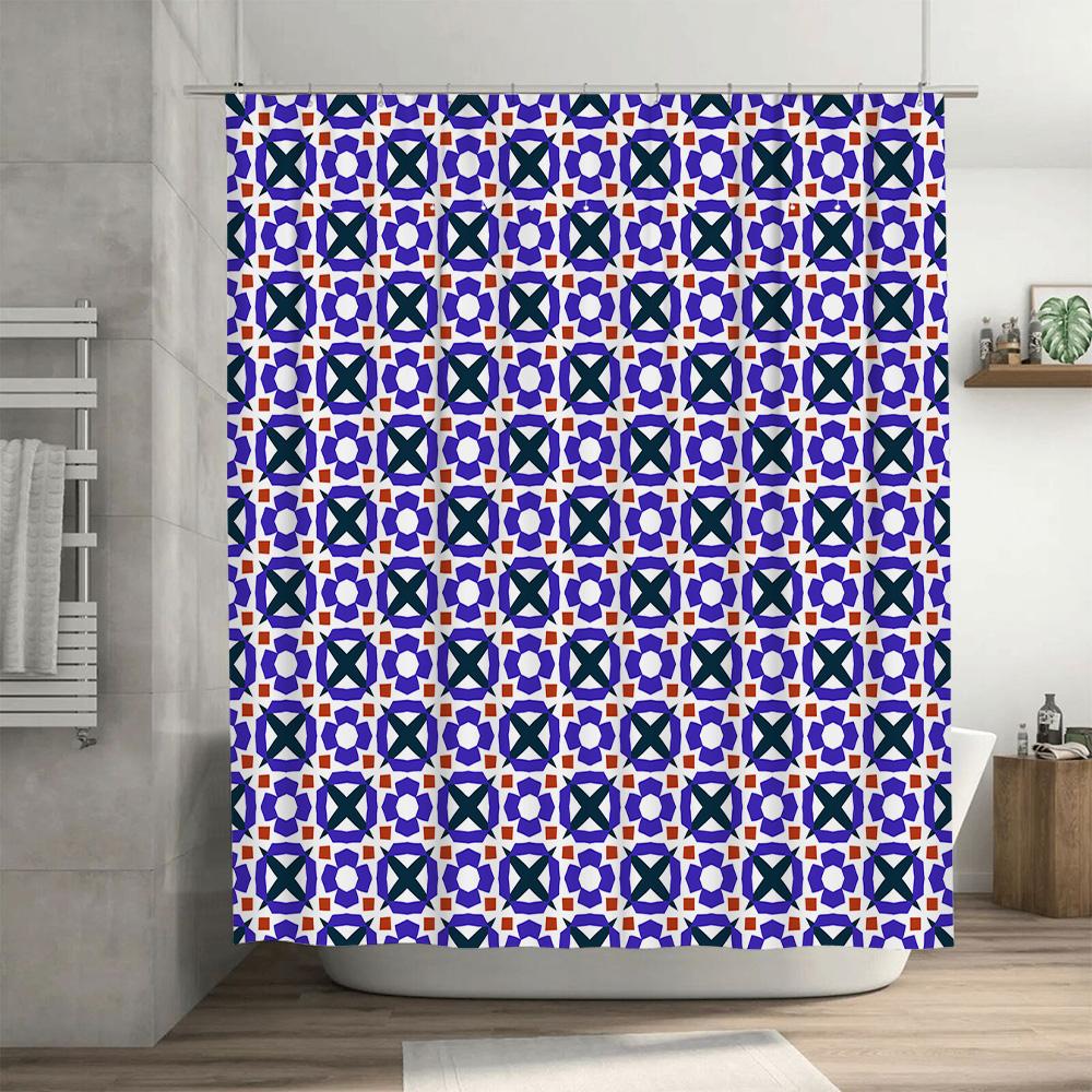 Modern Geometric Bathroom Shower Curtain Sets Made From Waterproof Polyester Fabric In Blue, Green And Orange Colors