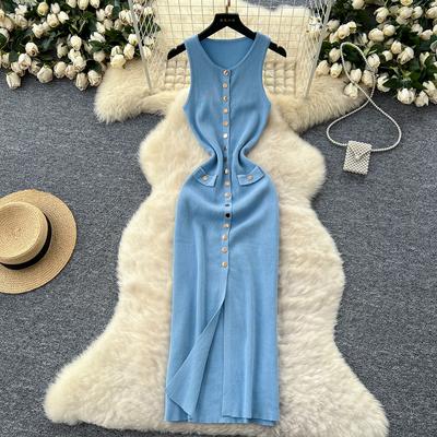 Neue Frauen Elegante Solide Strick Kleid Einreiher O Hals Ärmellose Kleider Mit Taschen Schlank Midi Kleid Büro Dame