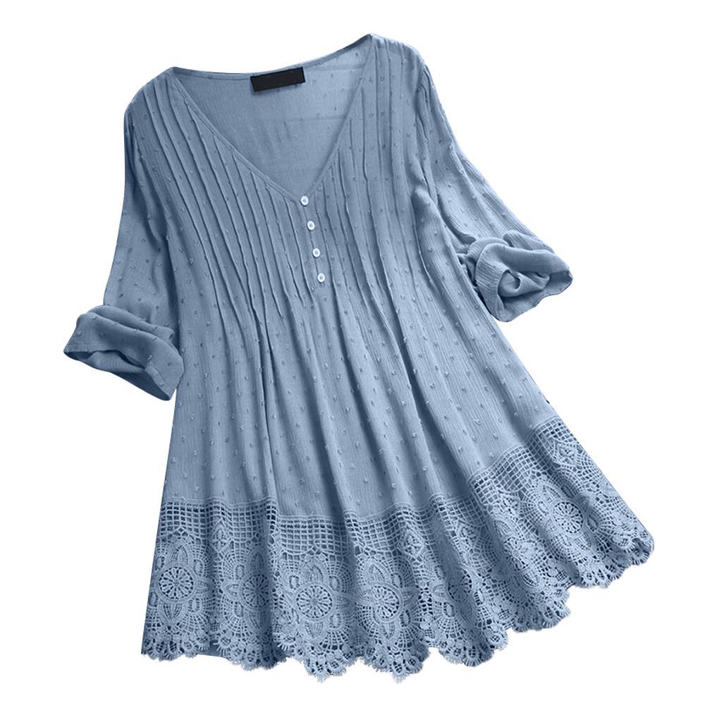 

(SU)Women Vintage Ruffled Three Quarter Lace V-Neck Plus Size Top T-Shirt Blouse