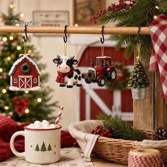 Family Christmas Tradition Farm Advent Calendar 24Pcs Acrylic 2D Ornament Set with Rustic Barn Unique Countdown Kit Animal Designs for Holiday