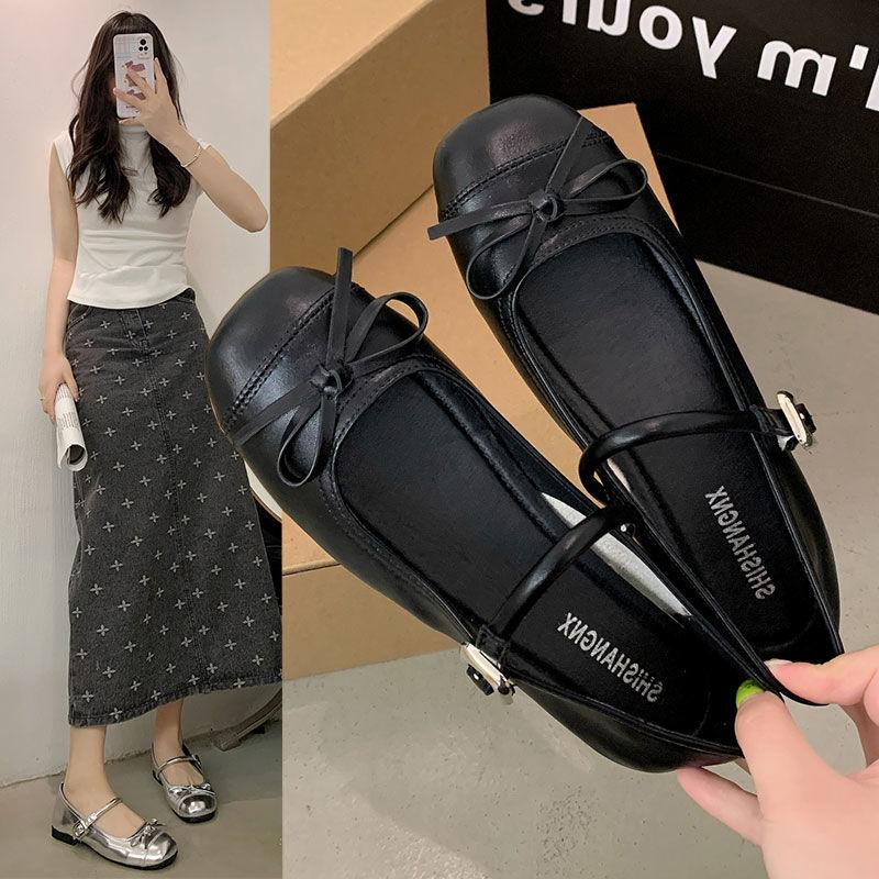 Silver lätt mun balett platt-sulade enkla skor dam nya sommar kjol fransk rund tå Mary Jane skor