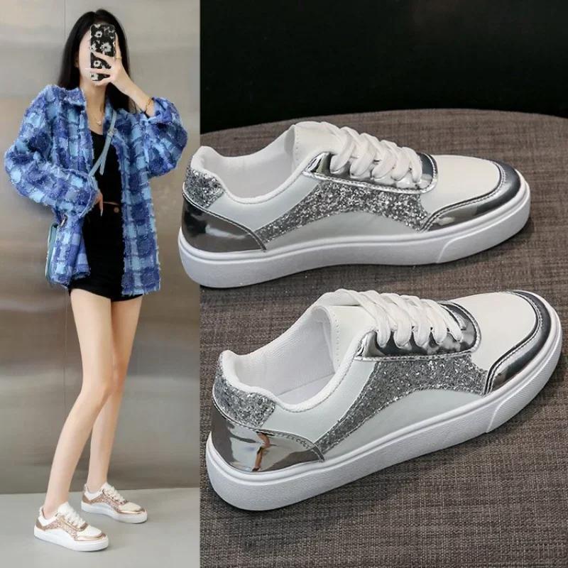 Sneaker Metal Color Casual Vulcanized Sport Shoes Fashion White Shoe for Woman Flats Shoes Summer Breathable shoes Women