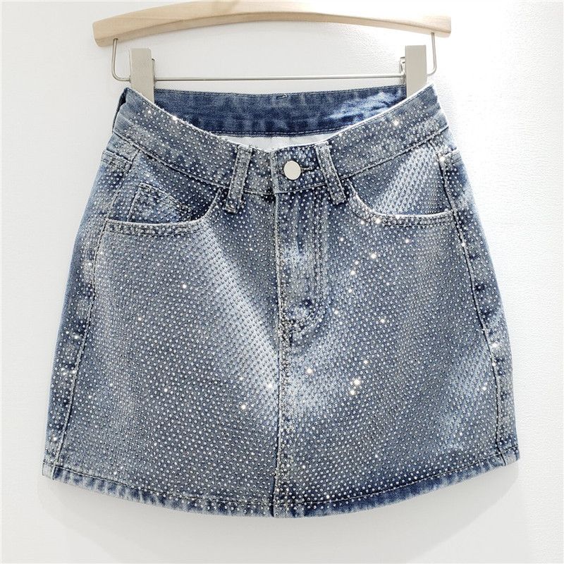 European Goods 2025 Summer New Heavy Industry Hot Drilling Denim Skirt Women's Fashion High Waist Slimming A Word Sheath Short dress