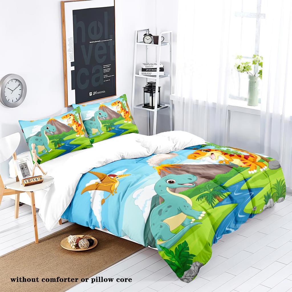 3-piece down duvet cover set with cartoon dinosaur pattern print (1 duvet cover+2 pillowcases, no core) soft bedding set