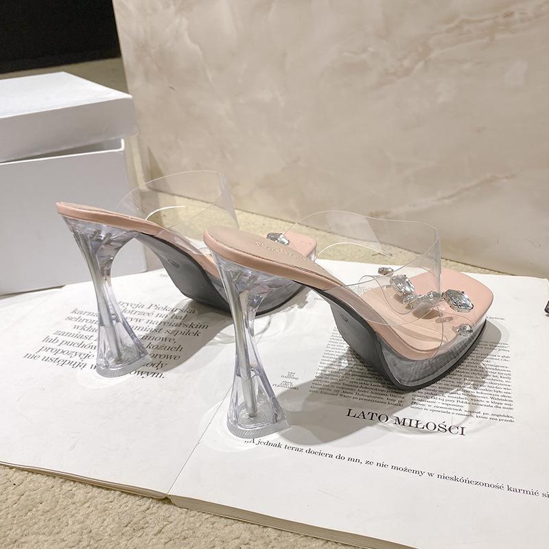 French rhinestone platform sandals women's thick heel waterproof table crystal transparent high heels one word with high heel cool slippers