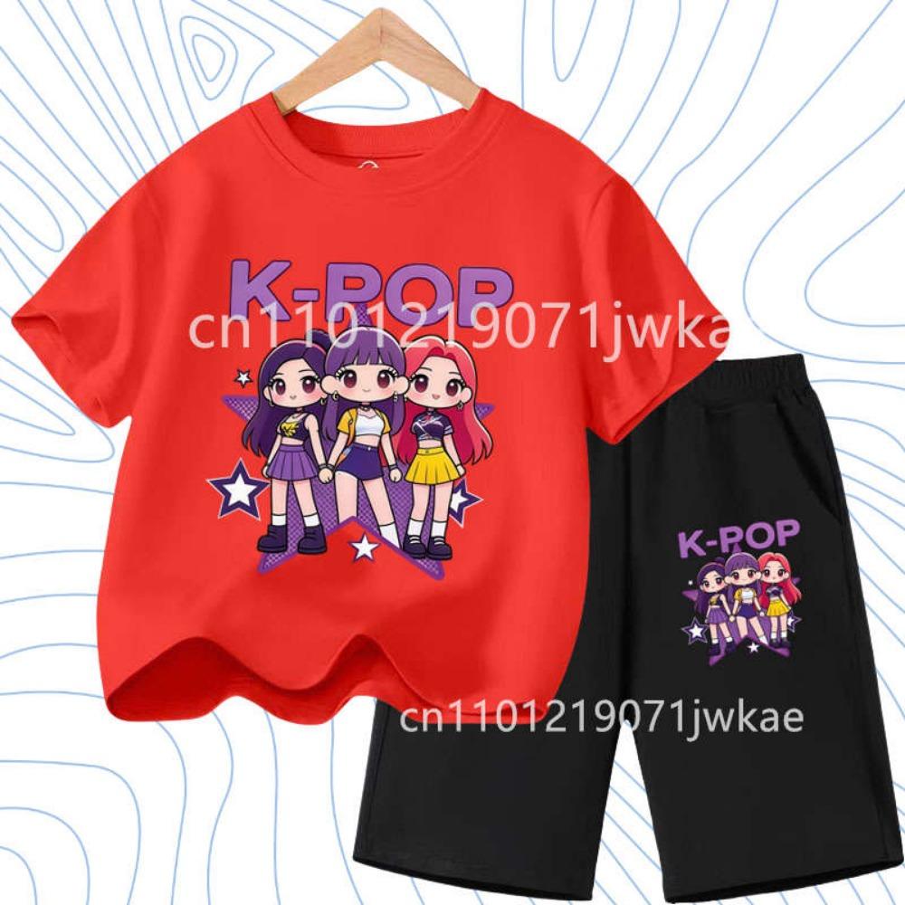 2026 Summer New K- POP Korean Idol Style Boys Girls Outfits Two-Piece Set with  Printed Short-Sleeve T-Shirt Shorts