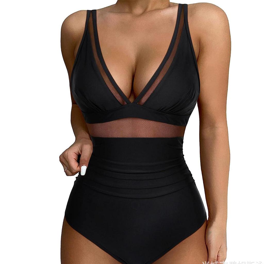 Sexy Mesh Patchwork Einteiler Bademode Frauen Aushöhlen High Cut Damen Badeanzug Bikini