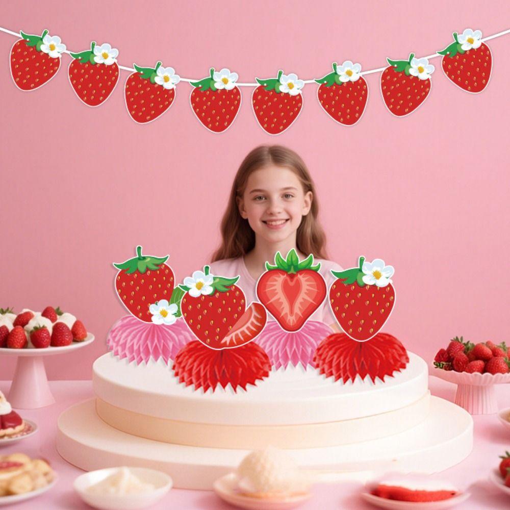 Creative Strawberry Honeycomb Ornament Cartoon Strawberry Hanging Banners  Birthday Decoration