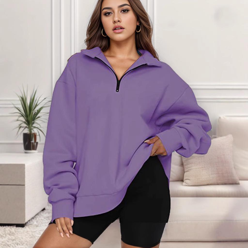 Pulover Casual de Damă cu Fermoar pe Jumătate și Glugă, cu Mânecă Lungă, pentru Toamna/Iarna 2023