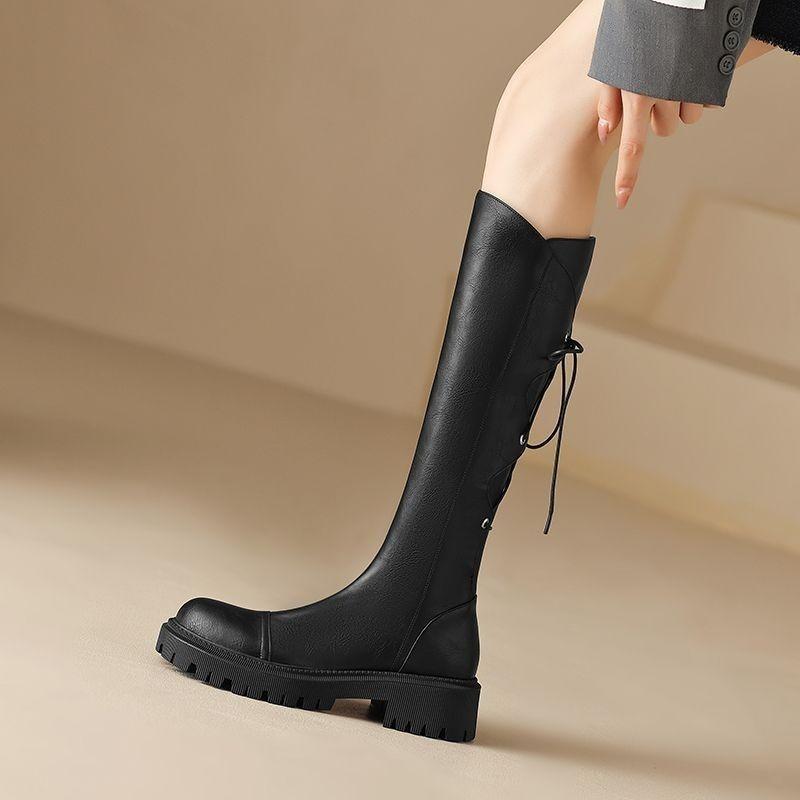 Fashion Autumn Winter Leather Fleece-Lined Platform Round Toe Long Boots for Women Trend 2025 Gyaru Lace-up Knee High Shaft Shoes Woman