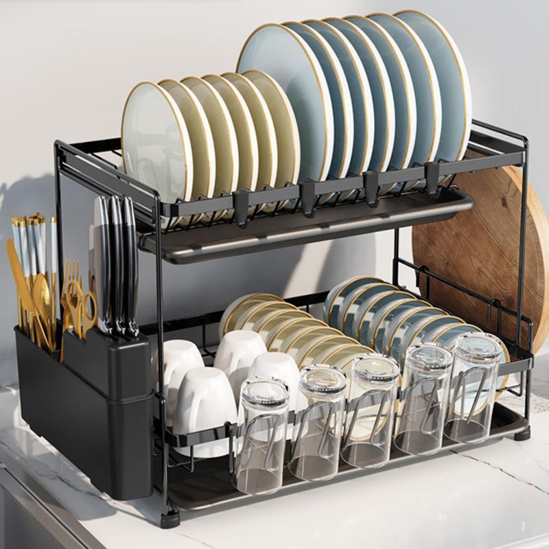 

006-20C802HQTZ 2-Tier Dish Drainer Rack Metal Cutlery Utensil Drainer with Drip Tray/Chopstick Holder Type A
