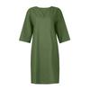 Women Summer Solid Color Cotton Linen Retro V-Neck Short Sleeve Dress Lightweight Breathable Dress