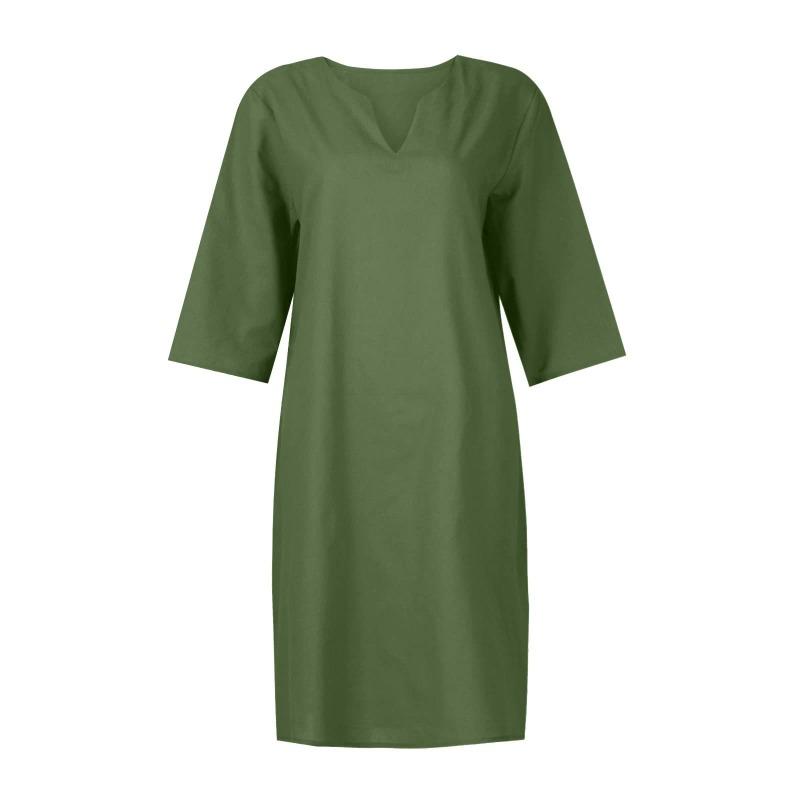 Women Summer Solid Color Cotton Linen Retro V-Neck Short Sleeve Dress Lightweight Breathable Dress