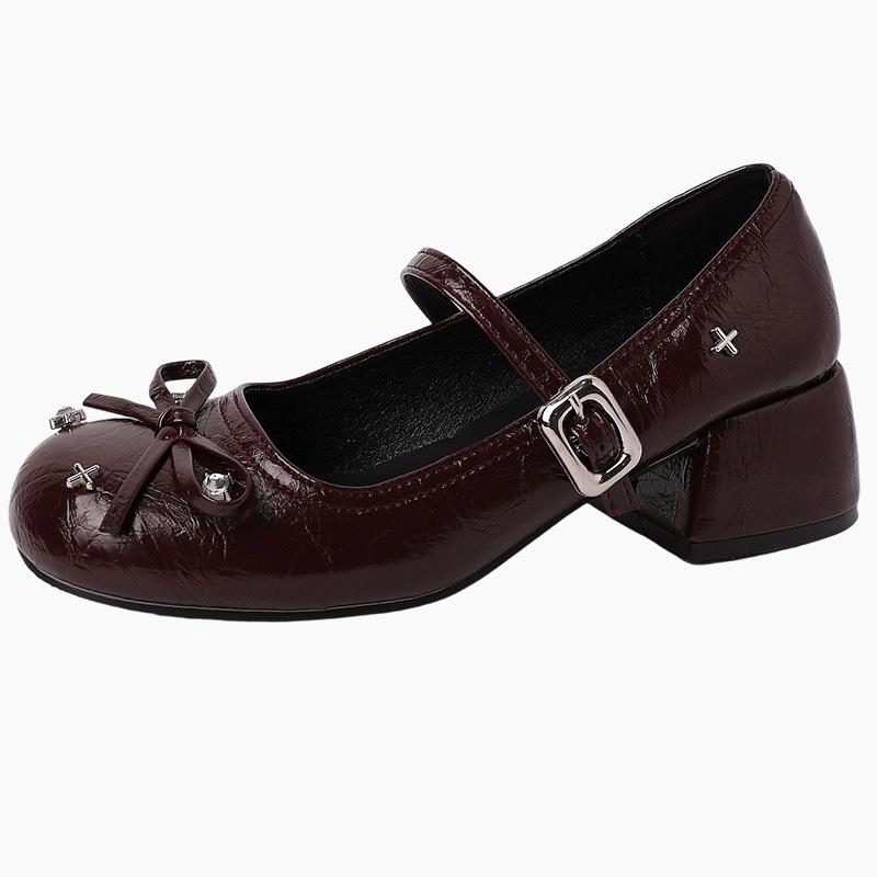 Retro Rivet Bow Mary Jane Shoes French Women 2025 Summer New Simple and Versatile Small Leather Shoes Single Shoes