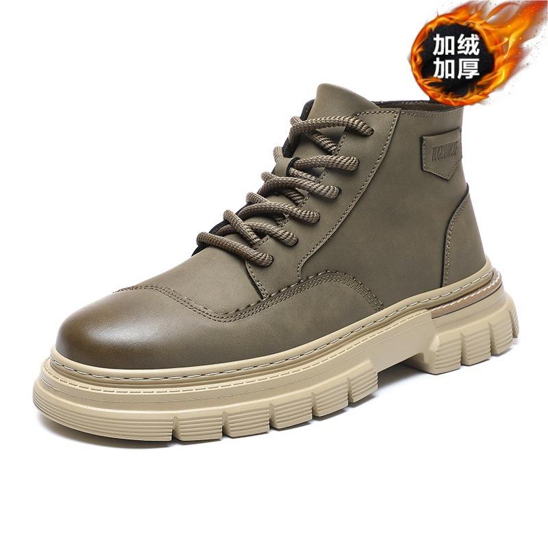 Leather high-top velvet thick-soled Martin boots retro trend lace-up tooling boots men's thickened warm leather boots