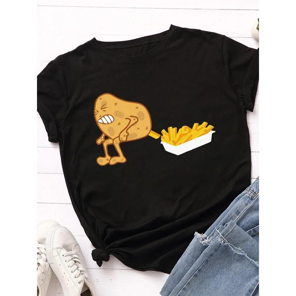Funny Potato Fries Print Women T Shirt Short Sleeve O Neck Loose Women Tshirt Ladies Tee Shirt Tops Clothes