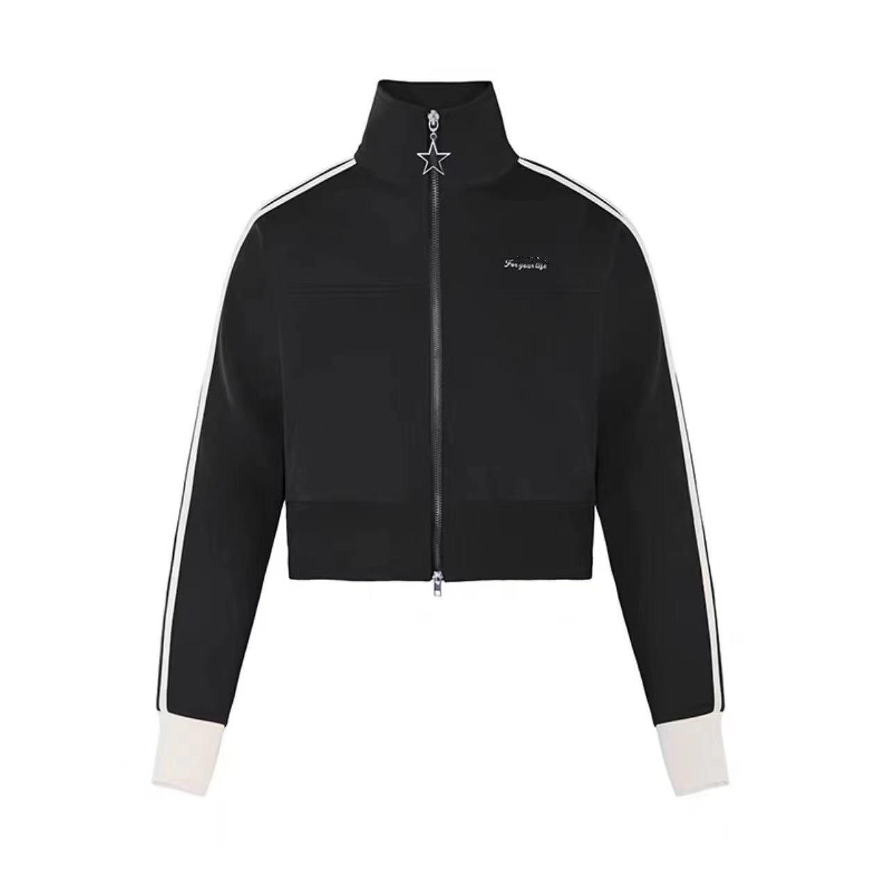 

Y2K женские винтажные корейские уличные укороченные толстовки на молнии в полоску в стиле Харадзюку, укороченные куртки на молнии, Kpop толстовка, одежда L чёрный