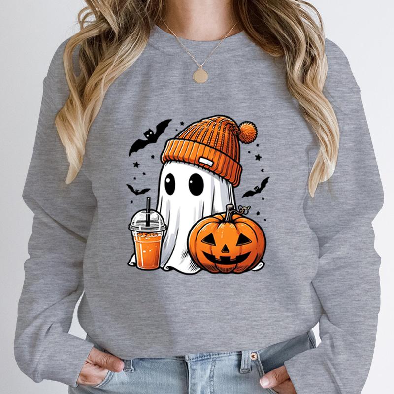 Women Fashion Creative Halloween Ghost Pumpkin Bat Print Pullovers Ladies Long Sleeves Halloween Hoodeless Sweatshirts